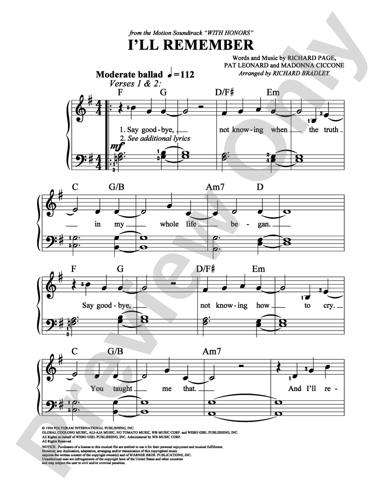 I'll Remember: Easy Piano Digital Sheet Music