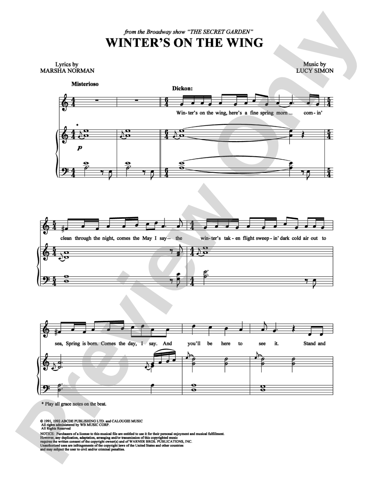 Winter's on the Wing: Piano/Vocal/Chords Digital Sheet Music