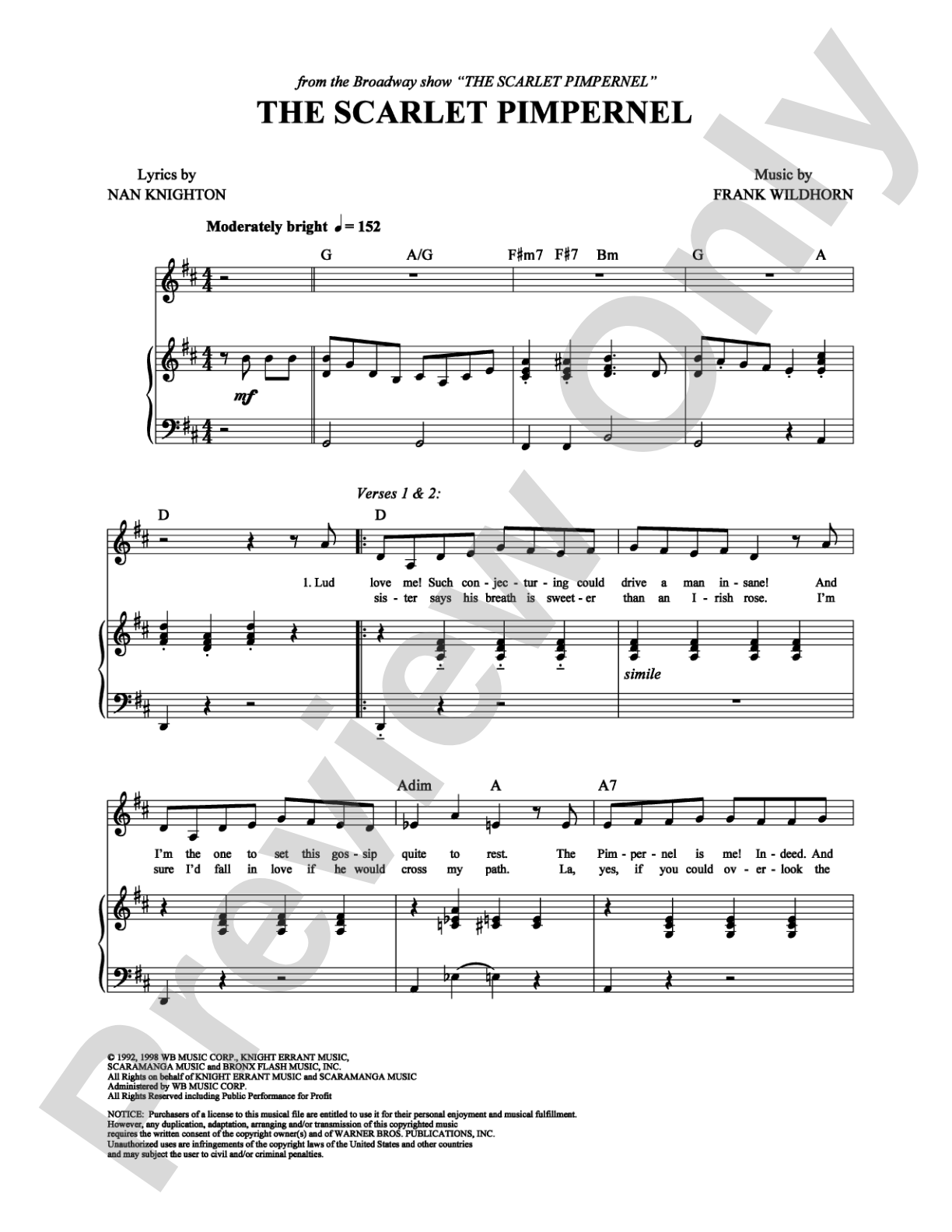 The Scarlet Pimpernel: Piano/Vocal/Chords Digital Sheet Music