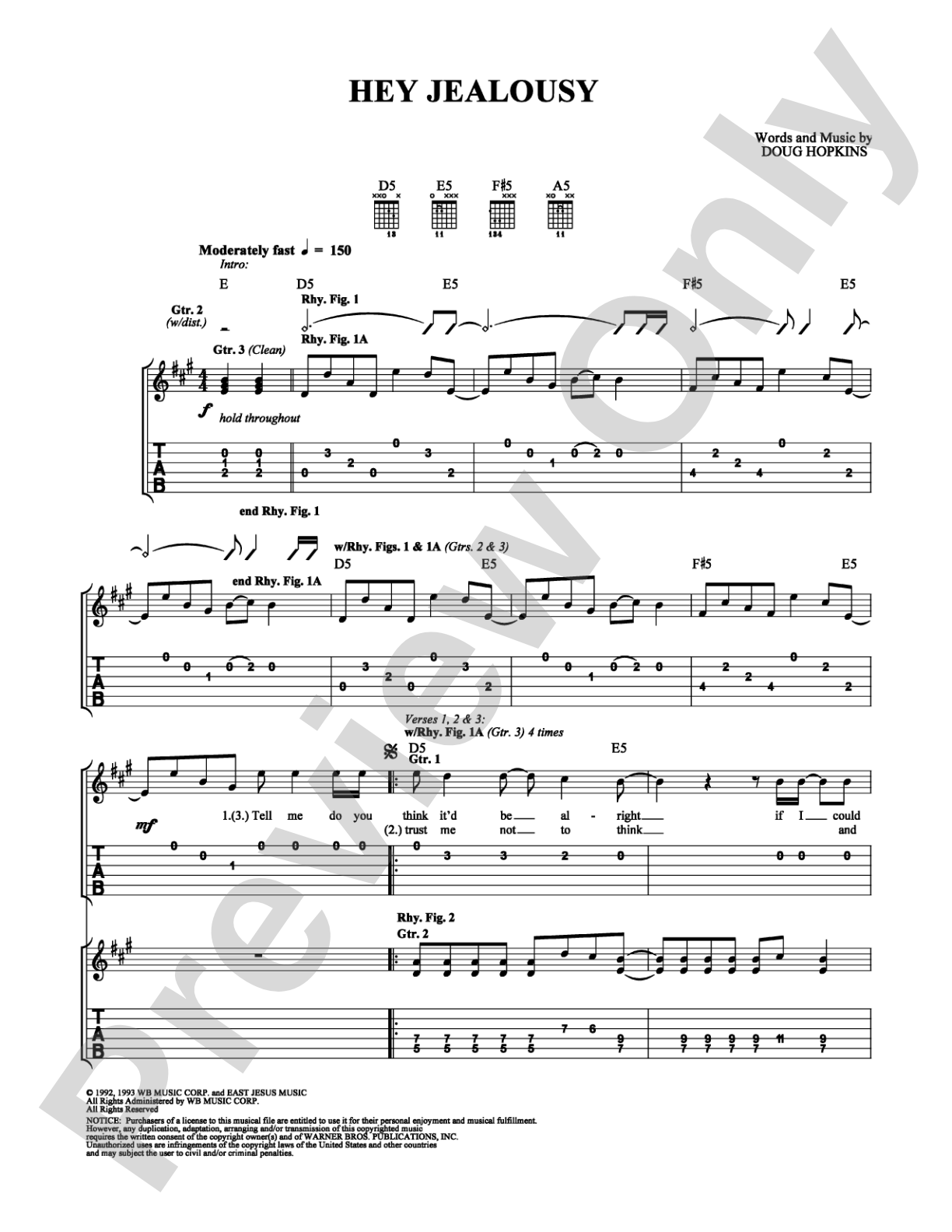 Hey Jealousy: Easy Guitar Digital Sheet Music