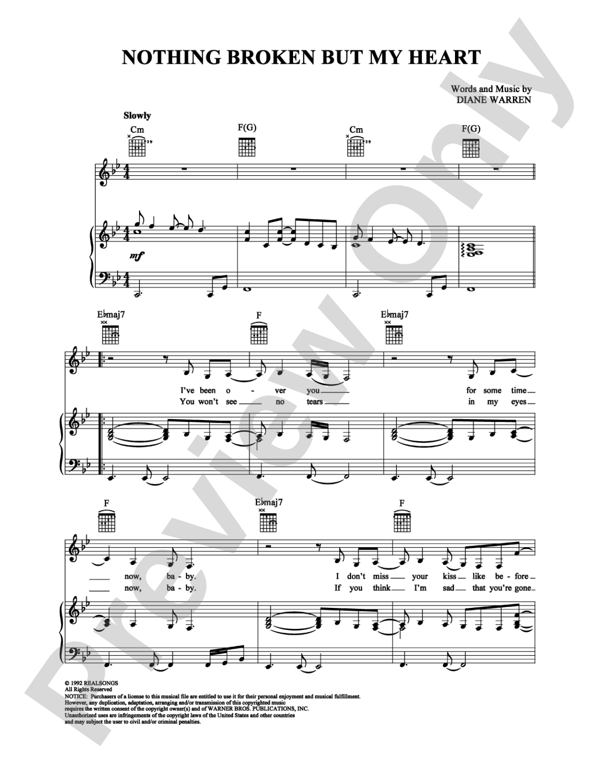 Nothing Broken But My Heart: Piano/Vocal/Chords Digital Sheet Music