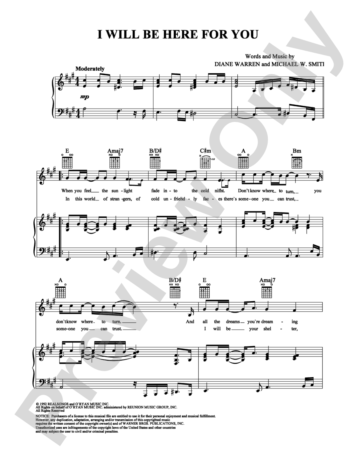 I Will Be Here For You: Piano/Vocal/Chords Digital Sheet Music