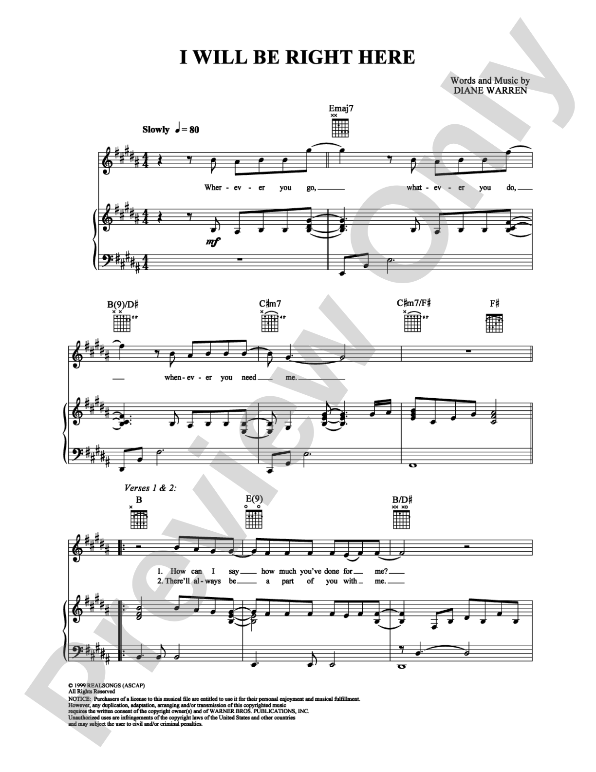 I Will Be Right Here: Piano/Vocal/Chords Digital Sheet Music