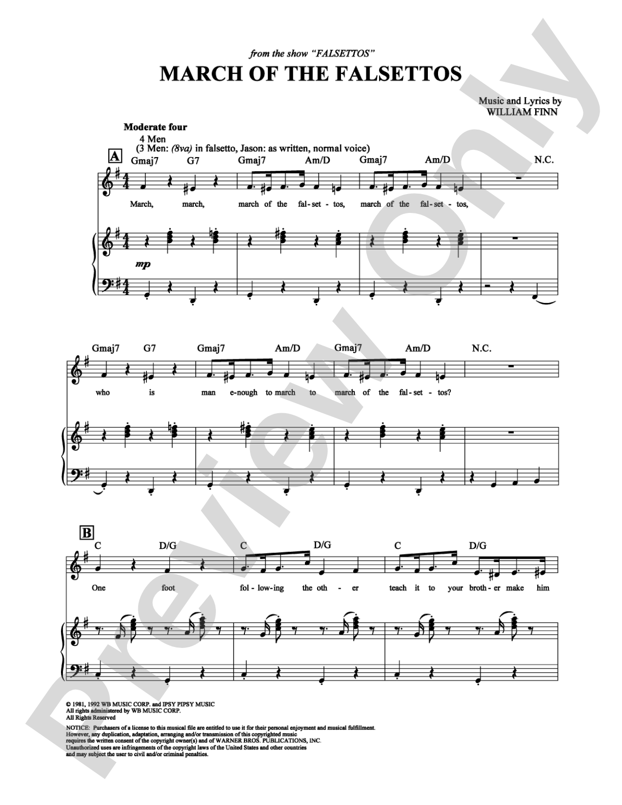March of the Falsettos: Piano/Vocal/Chords Digital Sheet Music