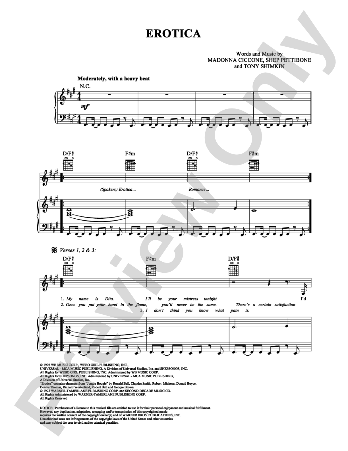 Erotica: Piano/Vocal/Chords Digital Sheet Music