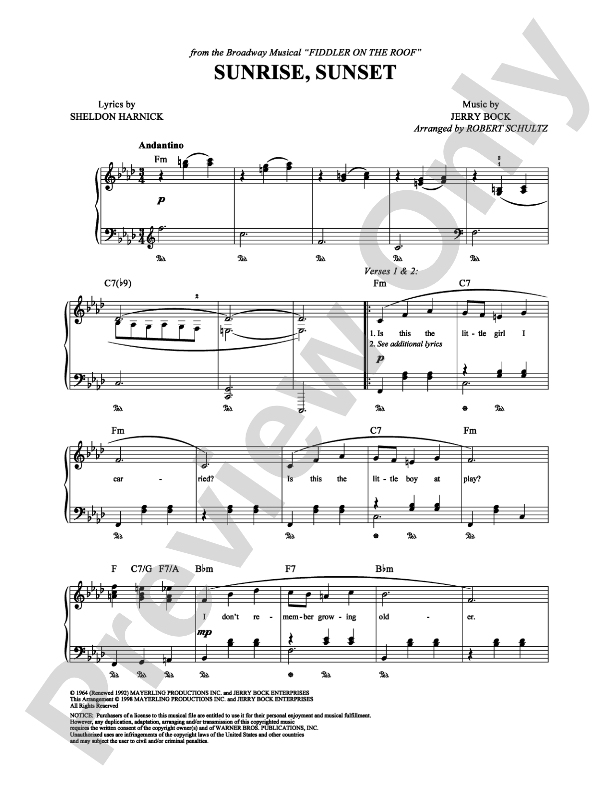 Sunrise, Sunset: Piano/Vocal/Chords Digital Sheet Music