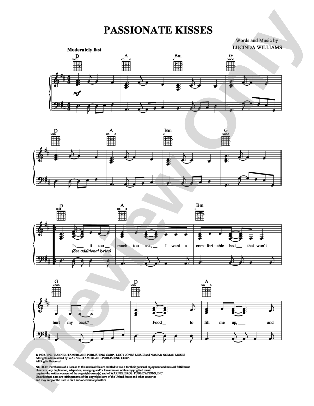 Passionate Kisses: Piano/Vocal/Chords Digital Sheet Music