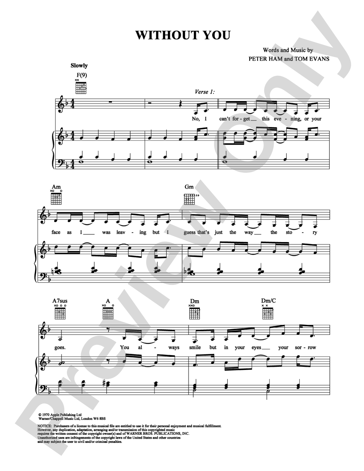 Without You: Piano/Vocal/Chords Digital Sheet Music