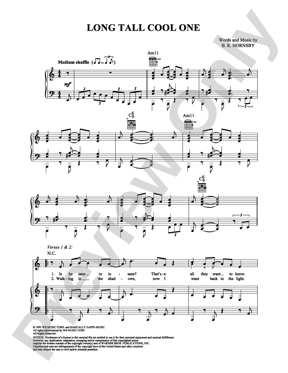 Long Tall Cool One: Piano/Vocal/Chords Digital Sheet Music