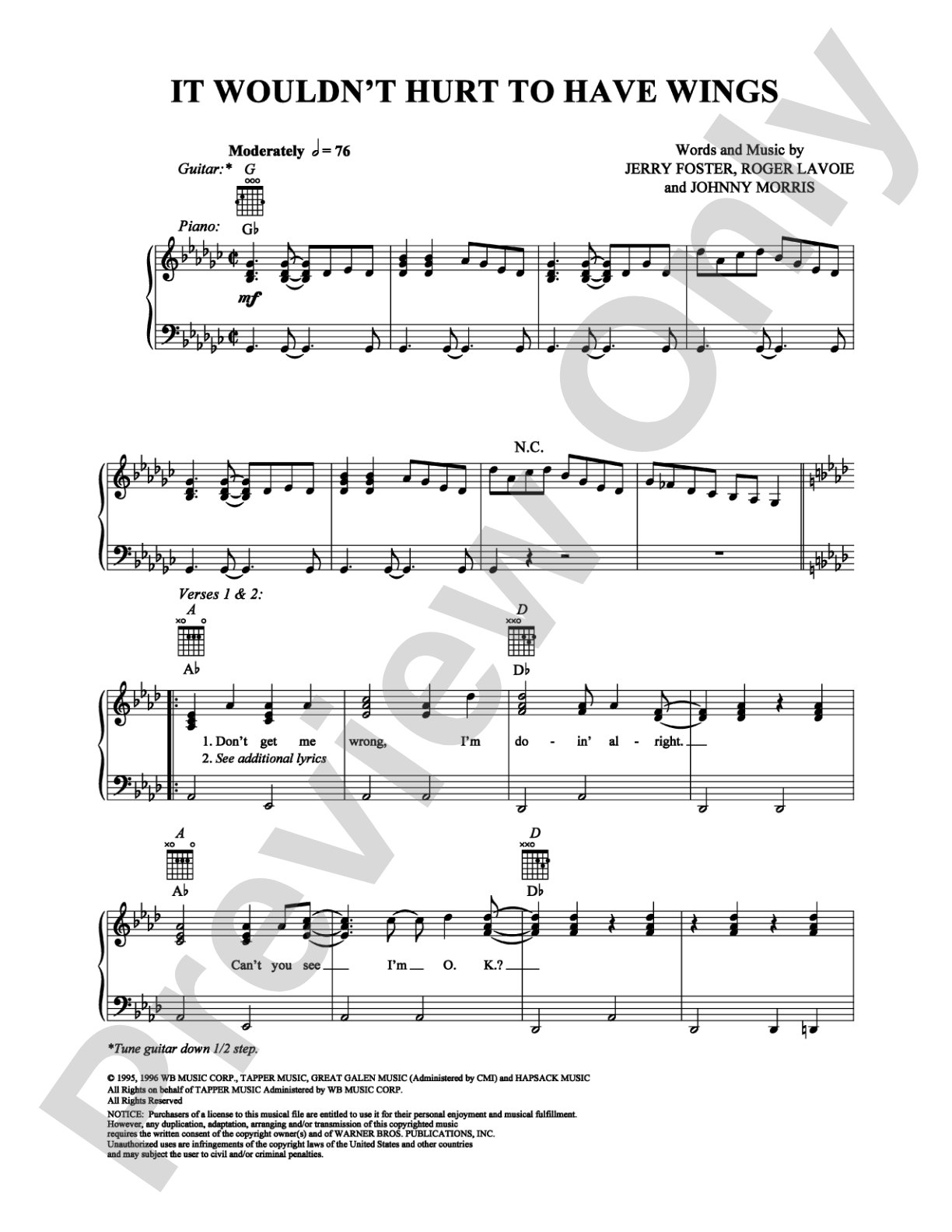 It Wouldn't Hurt to Have Wings: Piano/Vocal/Chords Digital Sheet Music