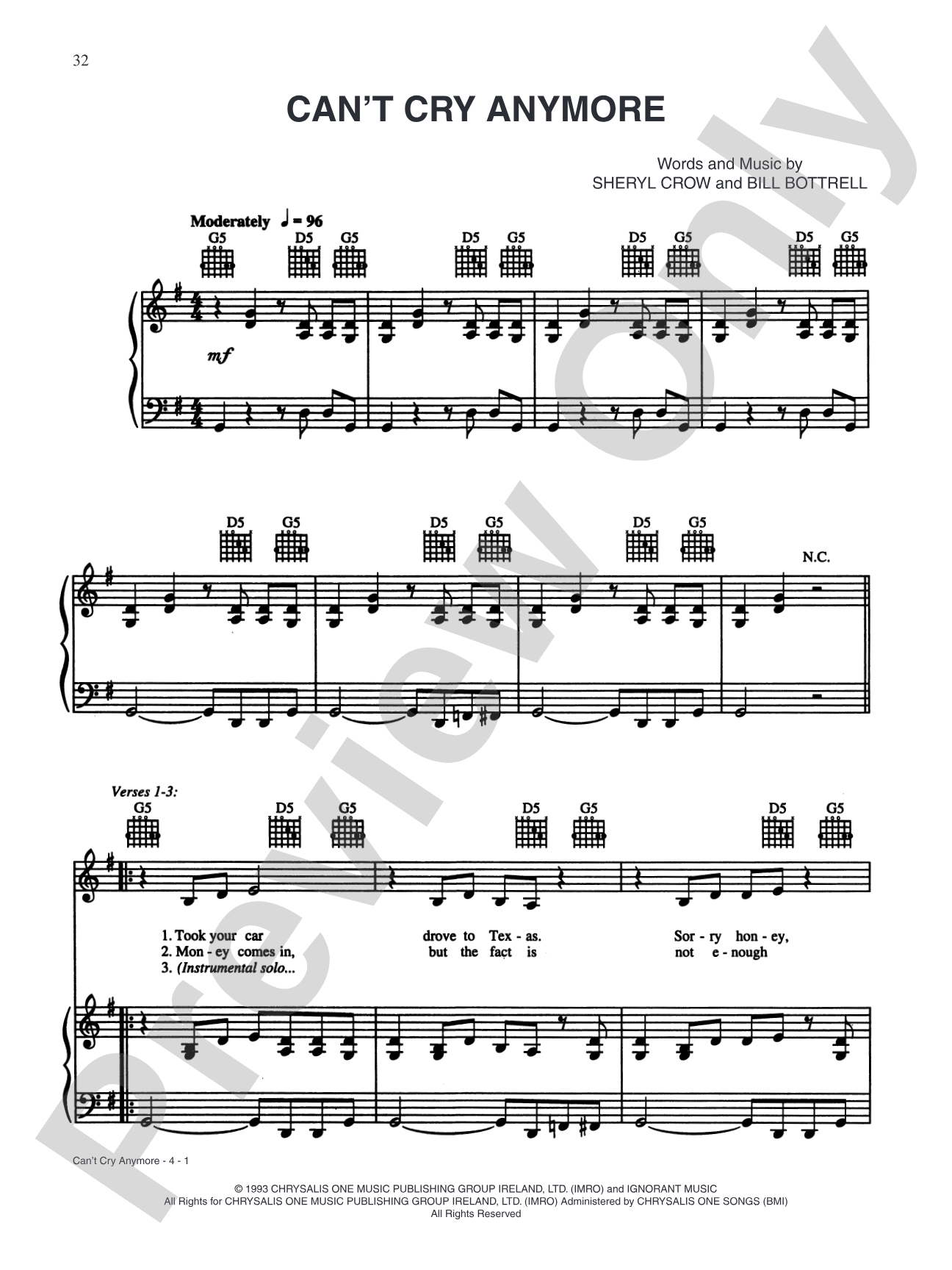 Can't Cry Anymore: Piano/Vocal/Chords Digital Sheet Music