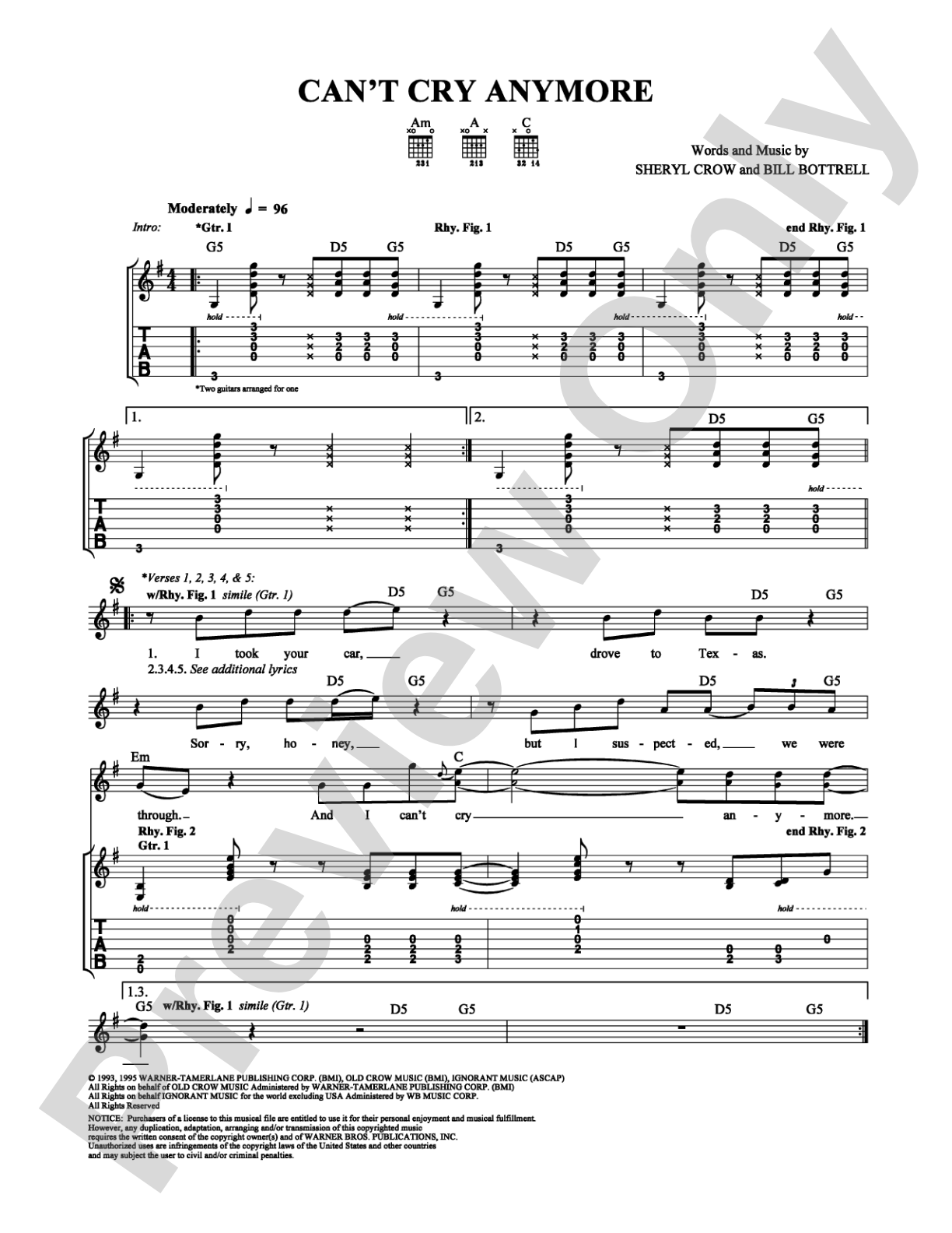 Can't Cry Anymore: Guitar TAB Digital Sheet Music