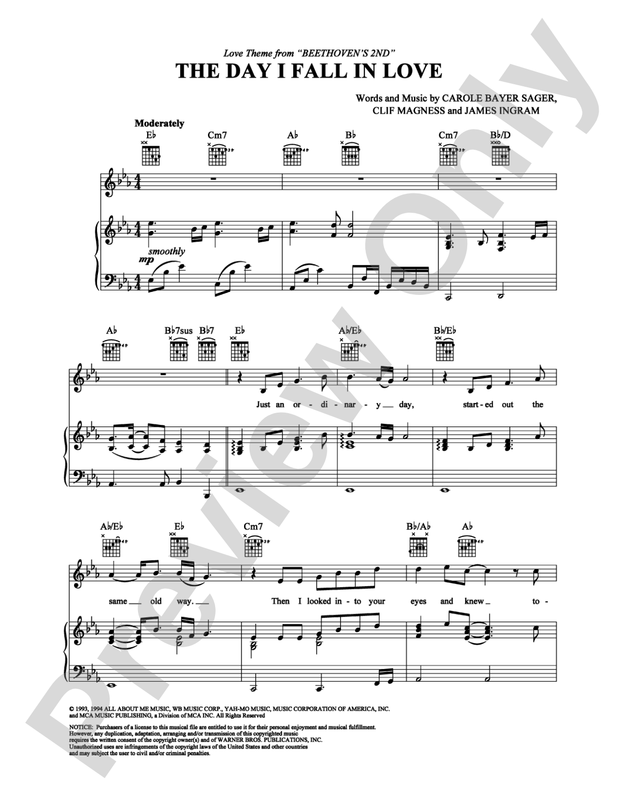 The Day I Fall in Love: Piano/Vocal/Chords Digital Sheet Music