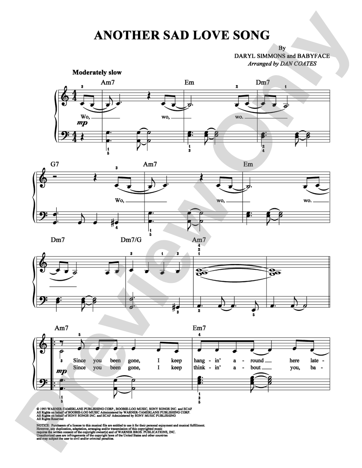 Another Sad Love Song: Easy Piano Digital Sheet Music