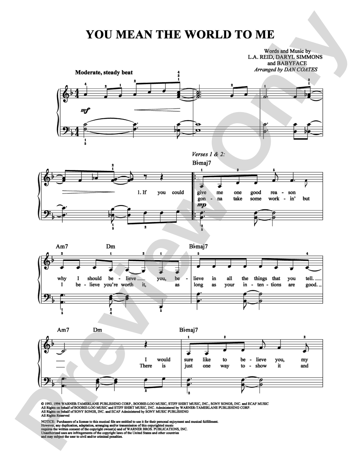 You Mean the World to Me: Easy Piano Digital Sheet Music