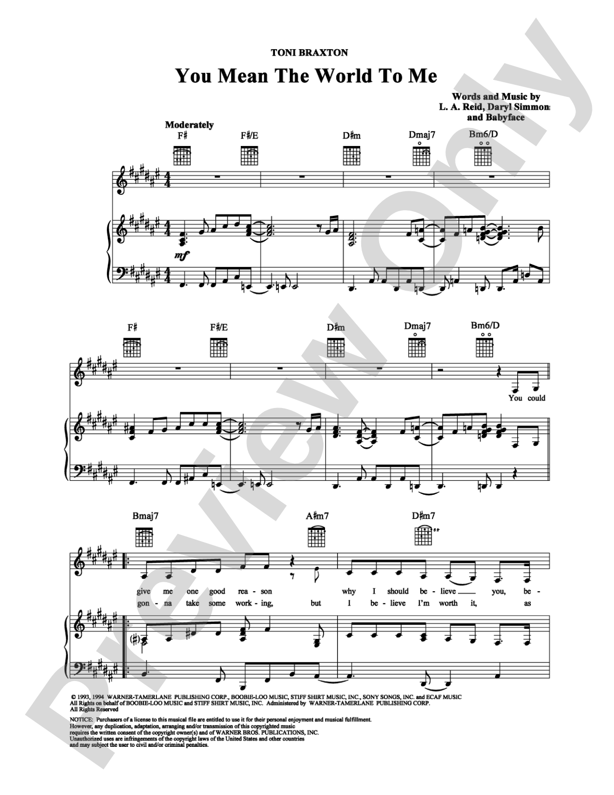 You Mean the World to Me: Piano/Vocal/Chords Digital Sheet Music
