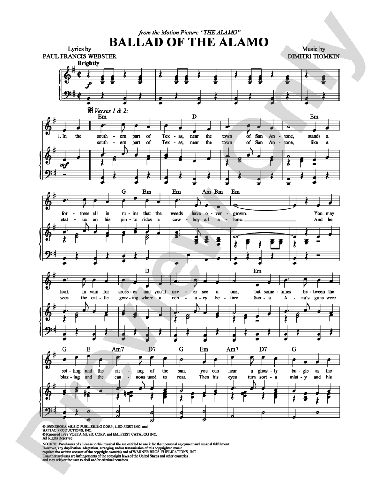 Ballad of the Alamo: Piano/Vocal/Chords Digital Sheet Music