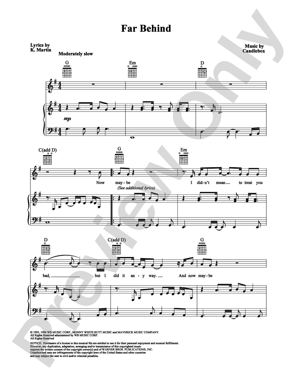 Far Behind: Piano/Vocal/Chords Digital Sheet Music
