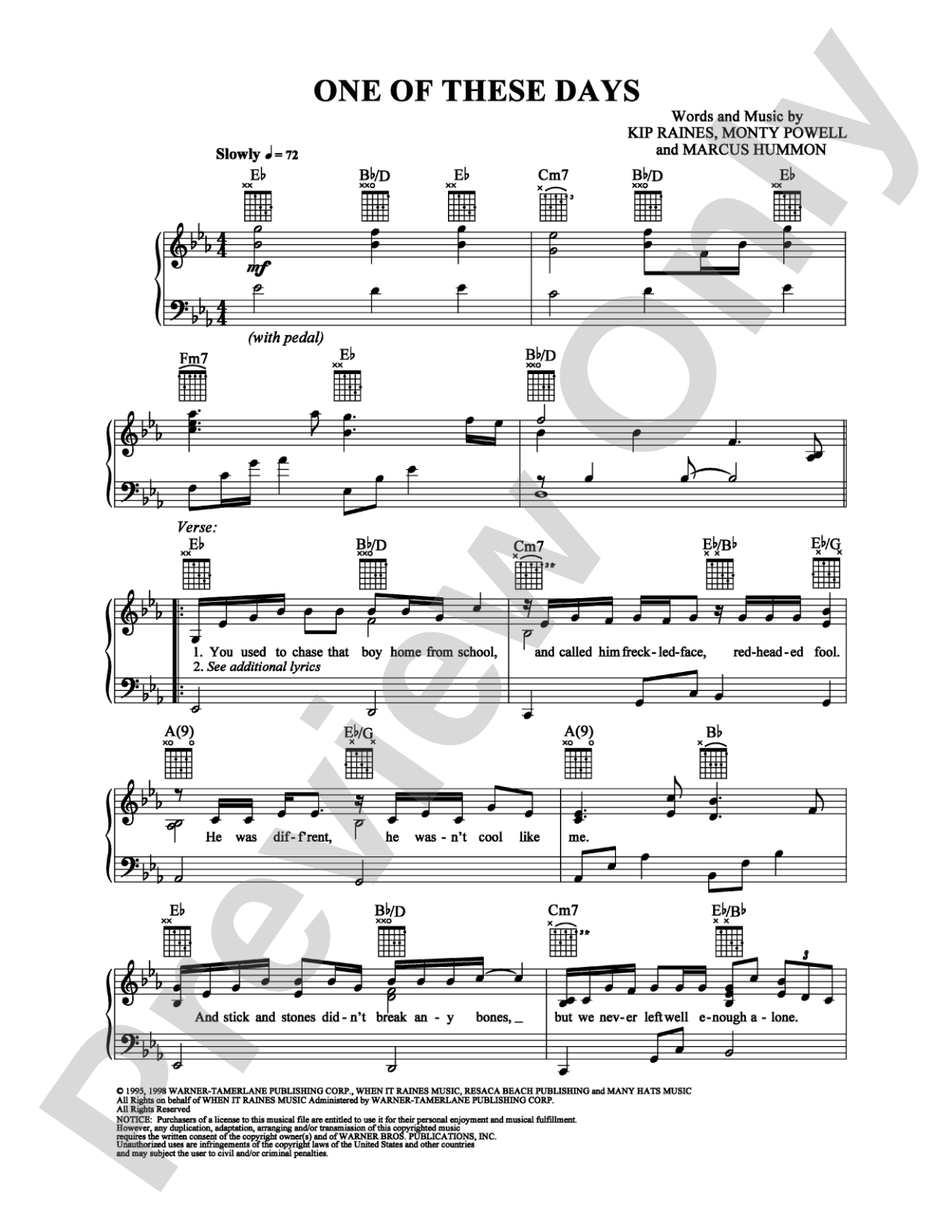 One Of These Days: Piano/Vocal/Chords Digital Sheet Music