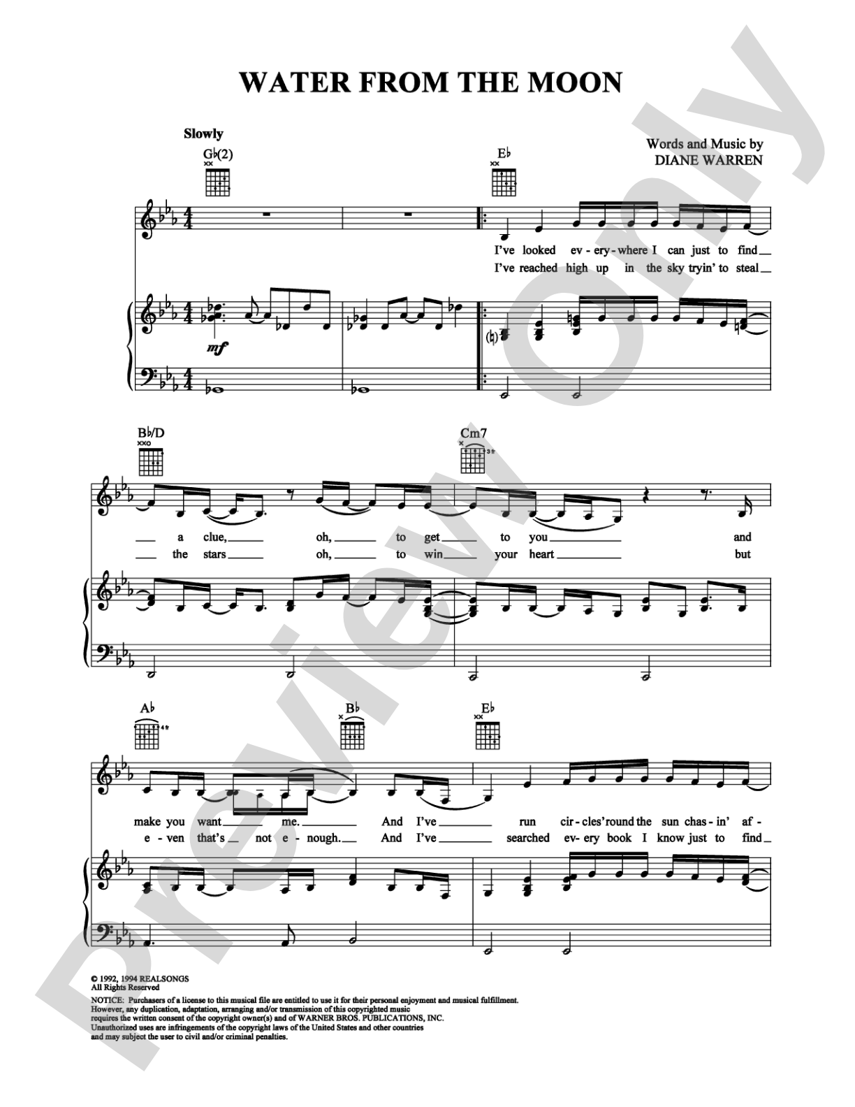 Water From The Moon: Piano/Vocal/Chords Digital Sheet Music