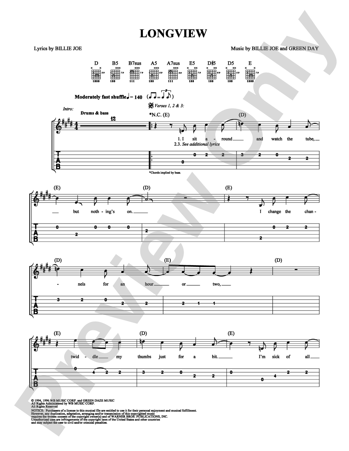 Longview: Easy Guitar Digital Sheet Music