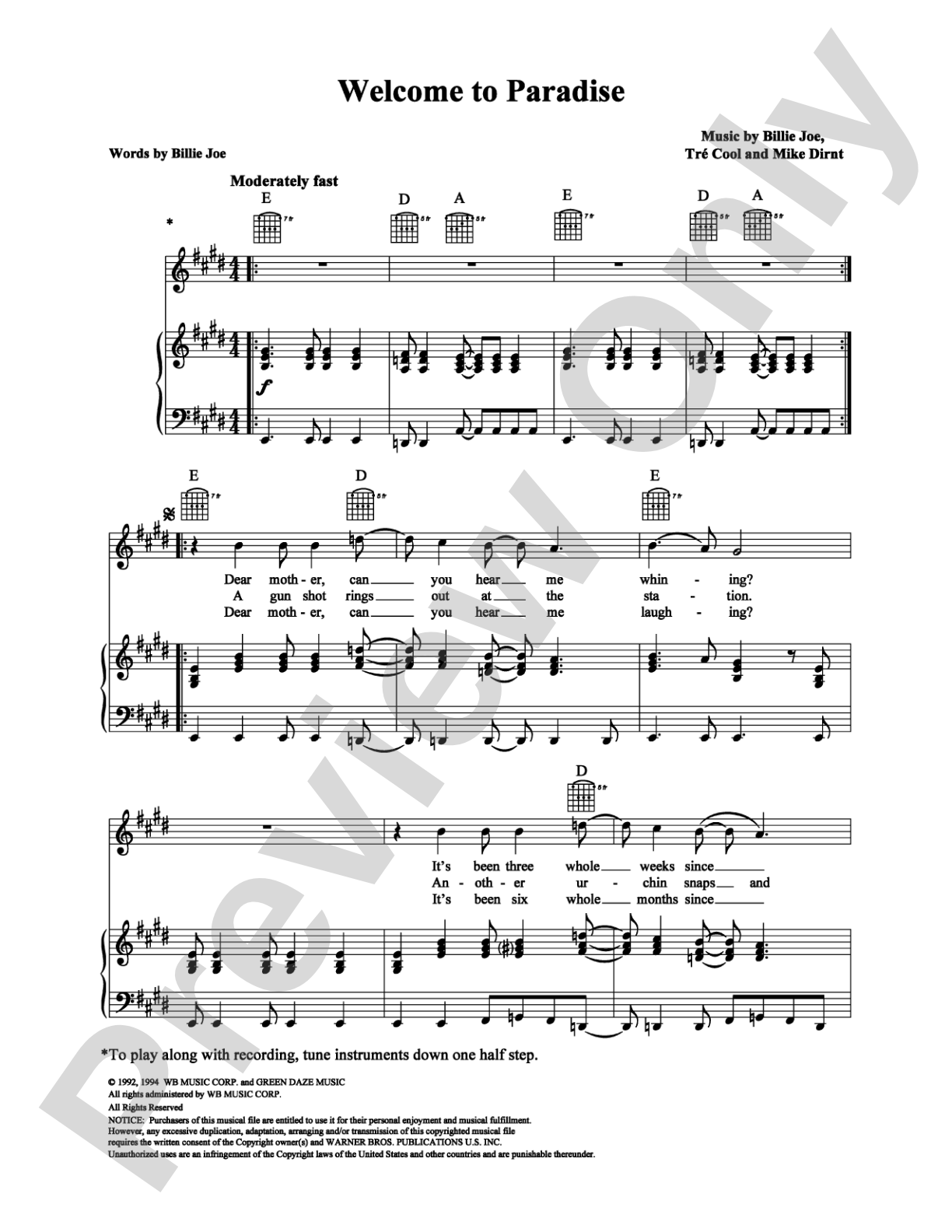 Welcome to Paradise: Piano/Vocal/Chords Digital Sheet Music