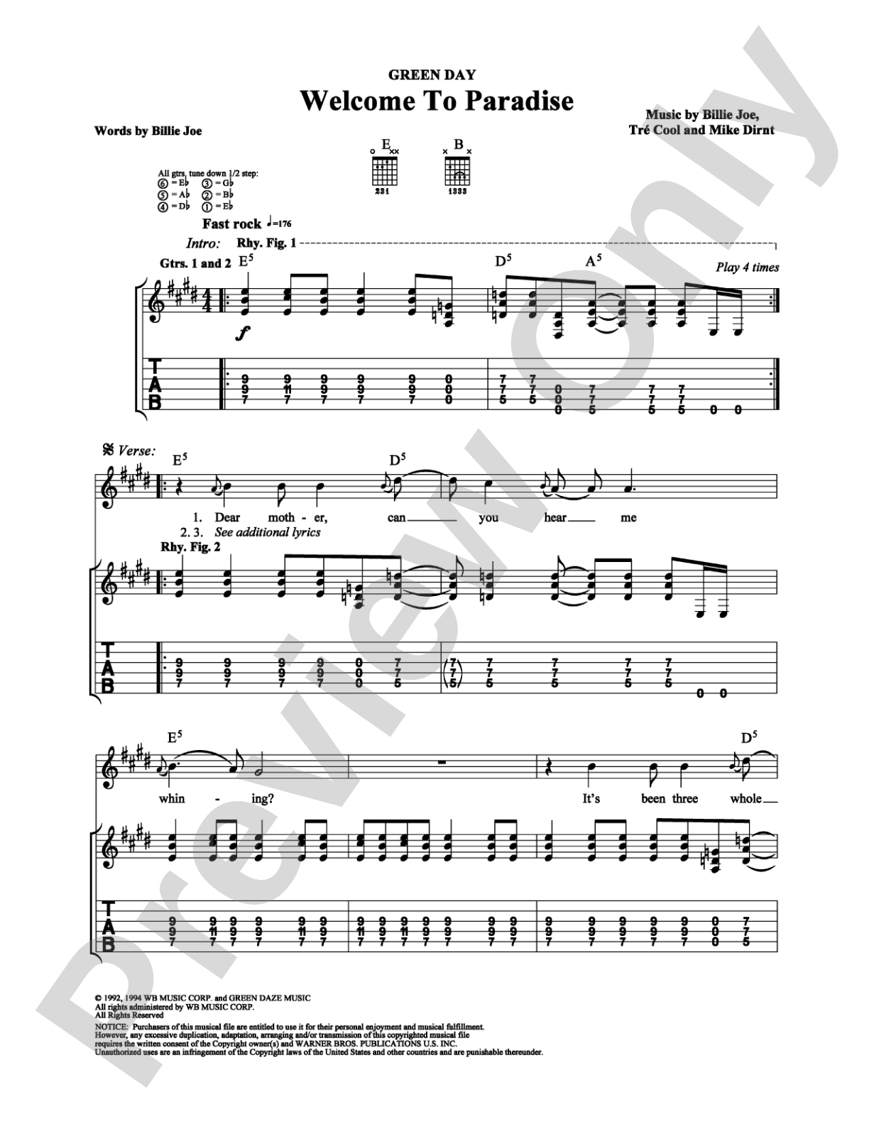 Welcome to Paradise: Guitar TAB Digital Sheet Music