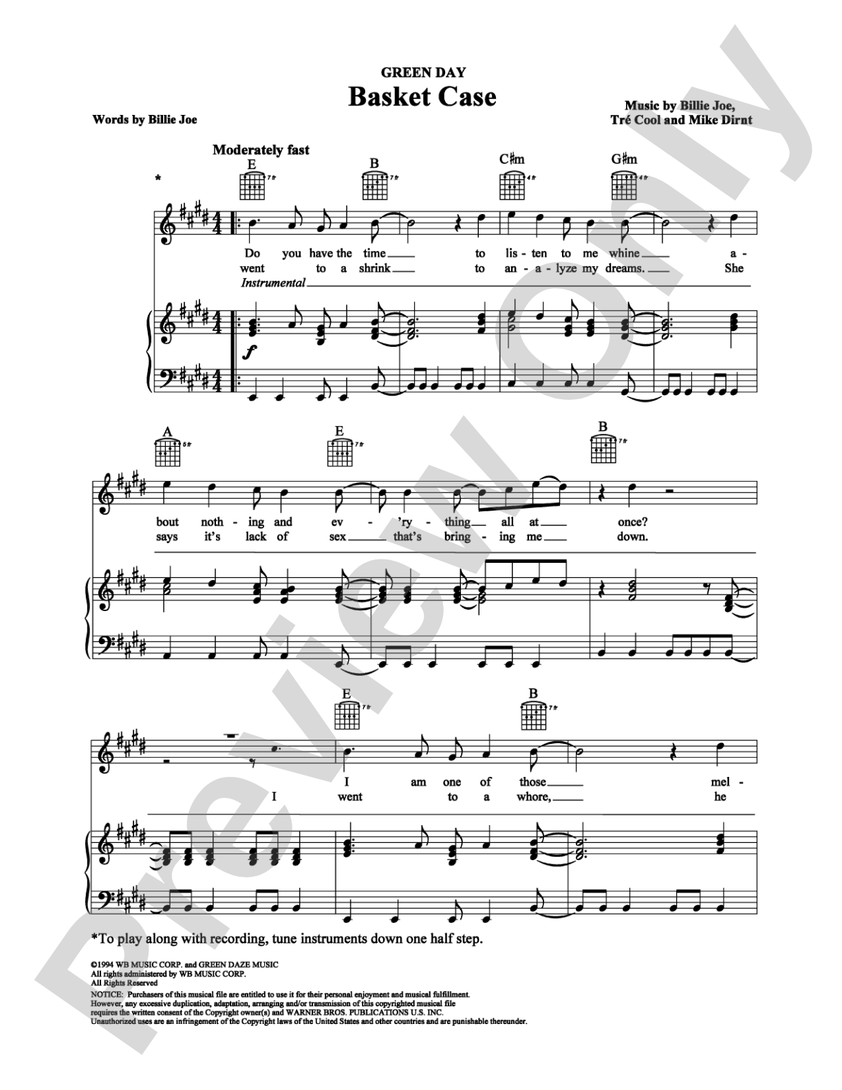 Basket Case: Piano/Vocal/Chords Digital Sheet Music