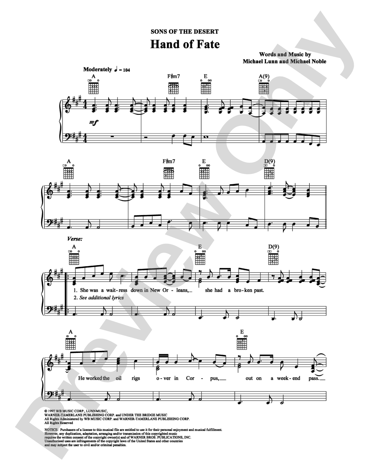 Hand of Fate: Piano/Vocal/Chords Digital Sheet Music