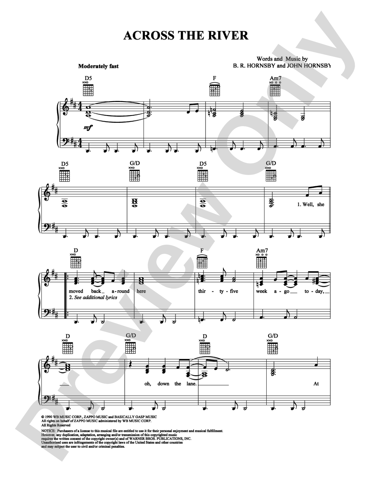 Across the River: Piano/Vocal/Chords Digital Sheet Music
