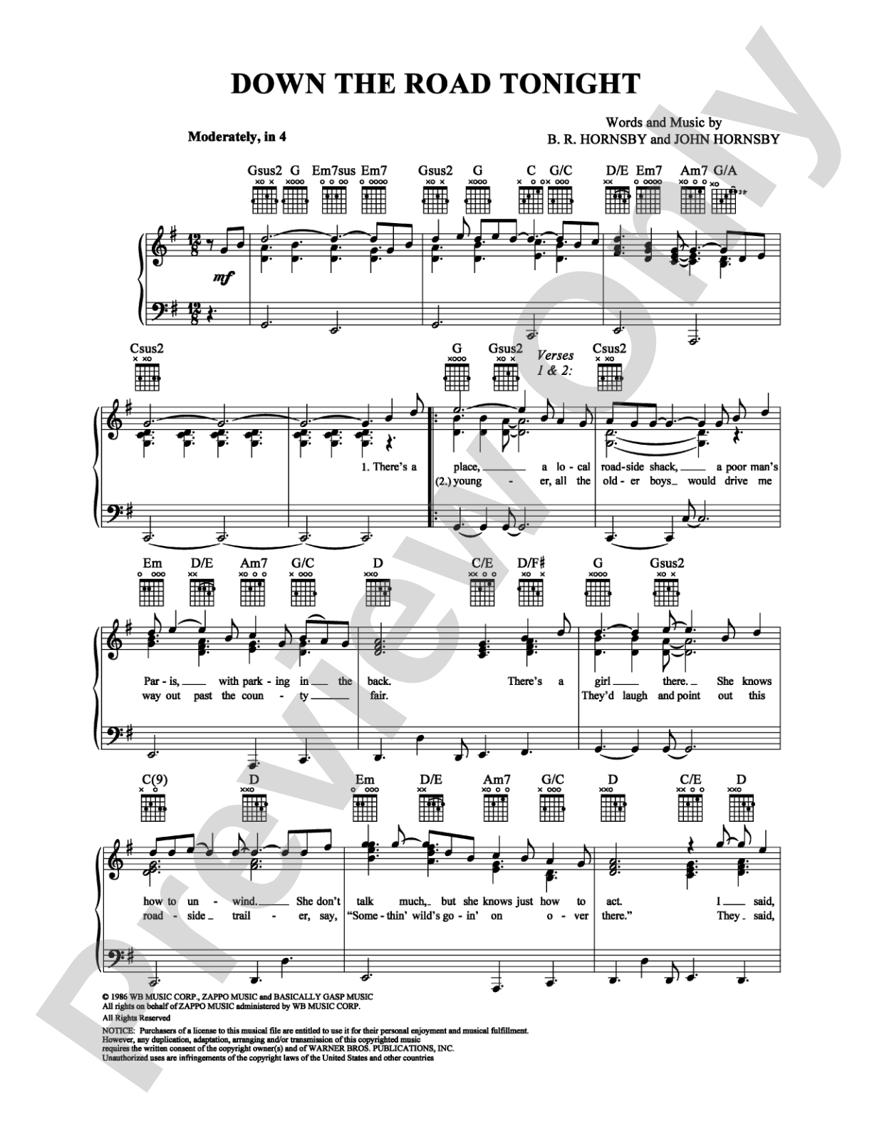 Down the Road Tonight: Piano/Vocal/Chords Digital Sheet Music