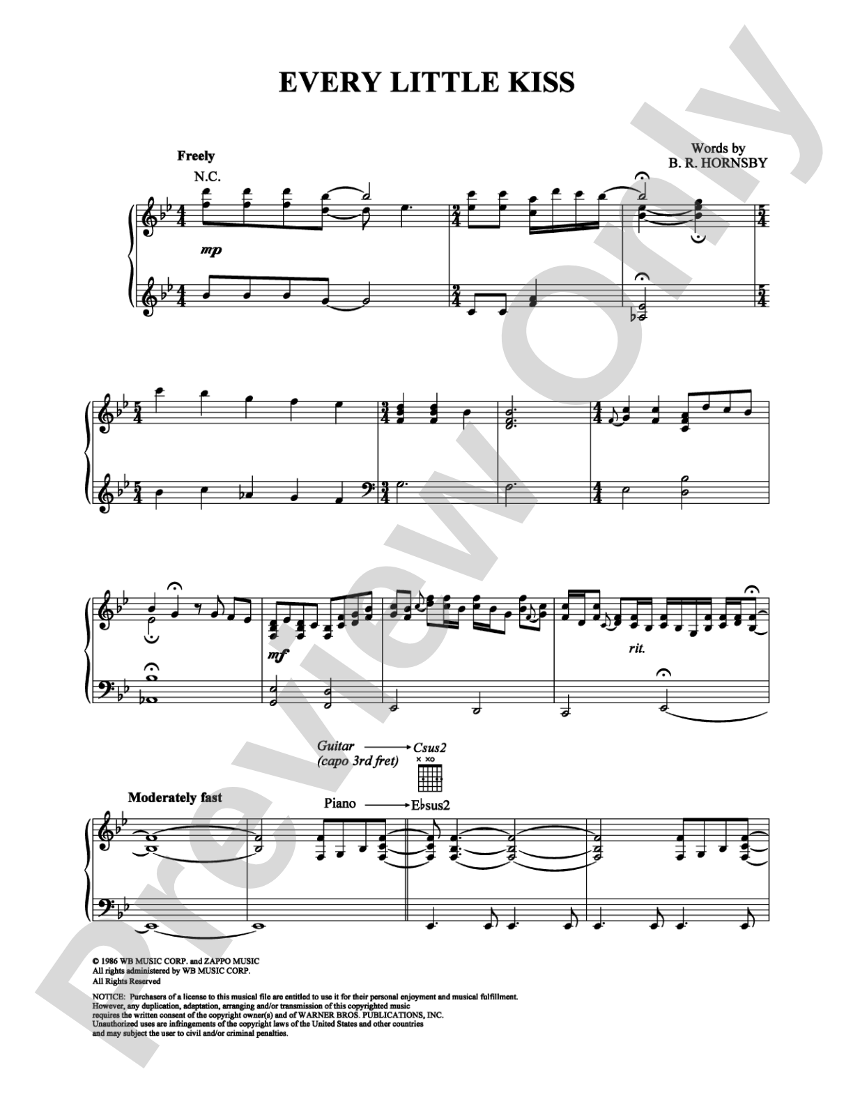 Every Little Kiss: Piano/Vocal/Chords Digital Sheet Music