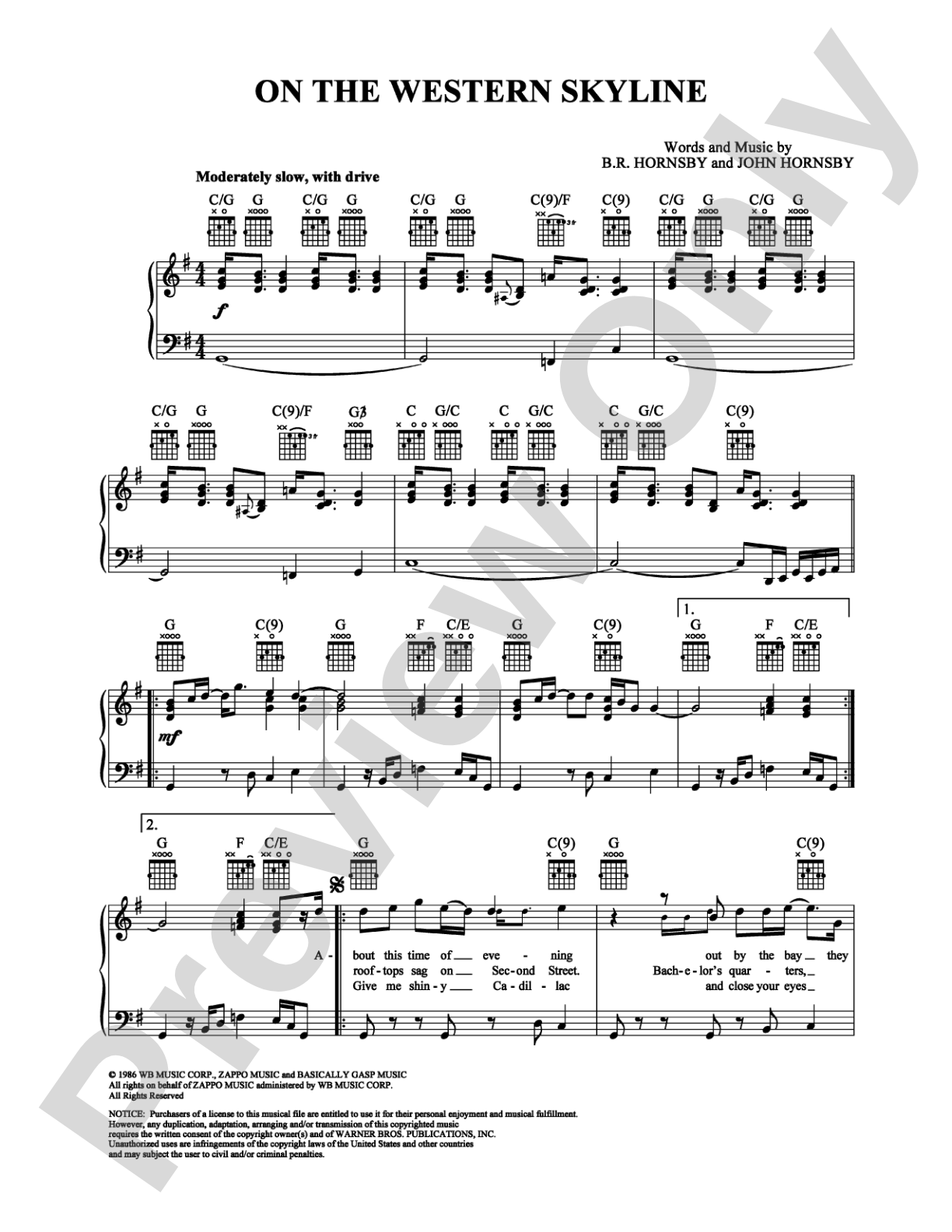 On the Western Skyline: Piano/Vocal/Chords Digital Sheet Music