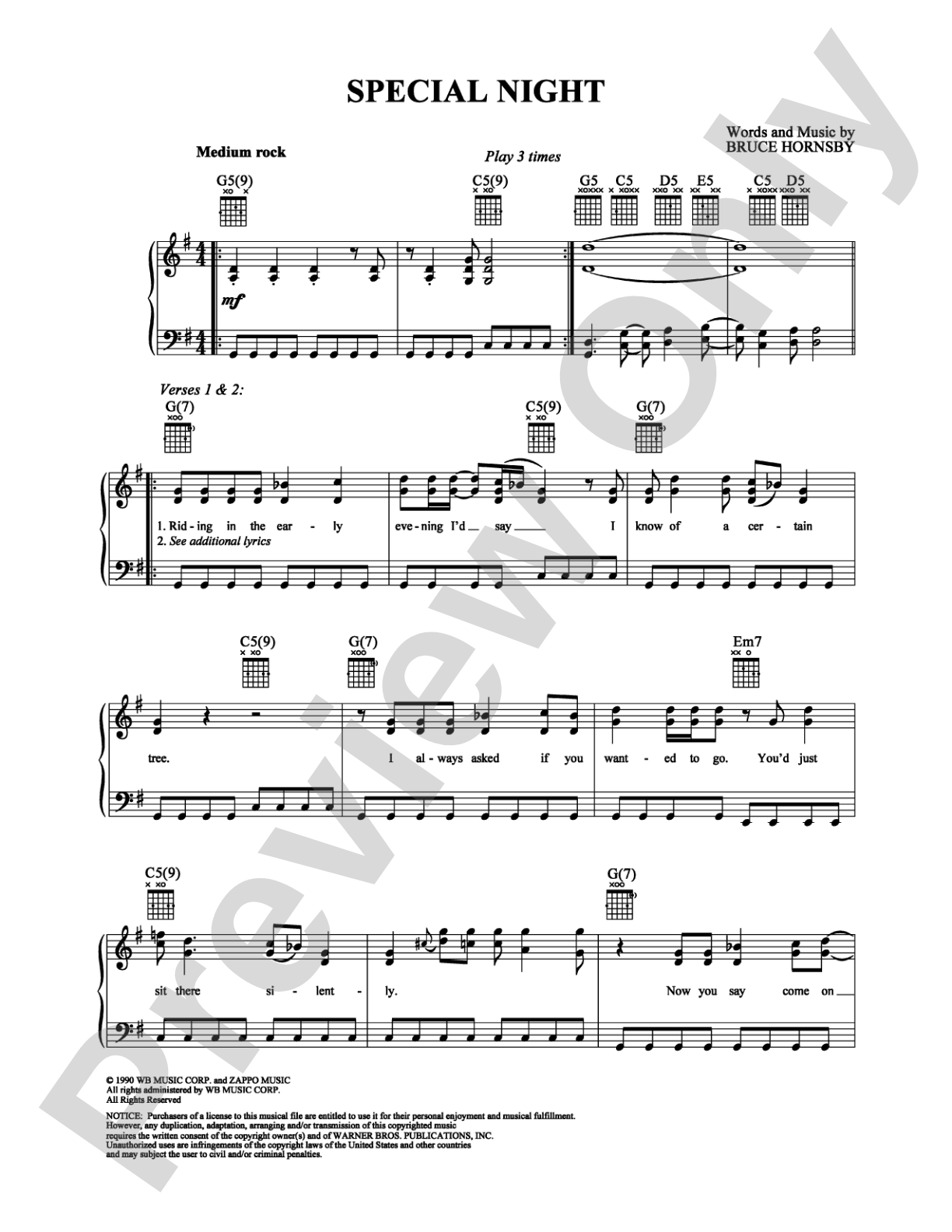 Special Night: Piano/Vocal/Chords Digital Sheet Music