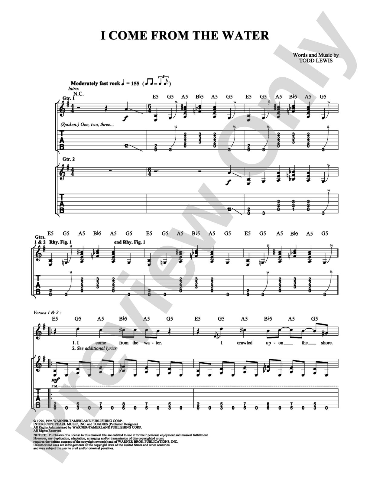 I Come From the Water: Guitar TAB Digital Sheet Music