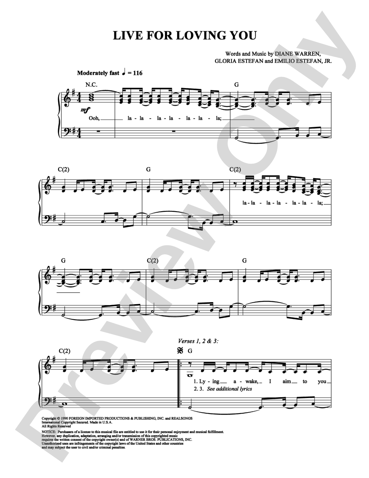 Live for Loving You: Piano/Vocal/Chords Digital Sheet Music