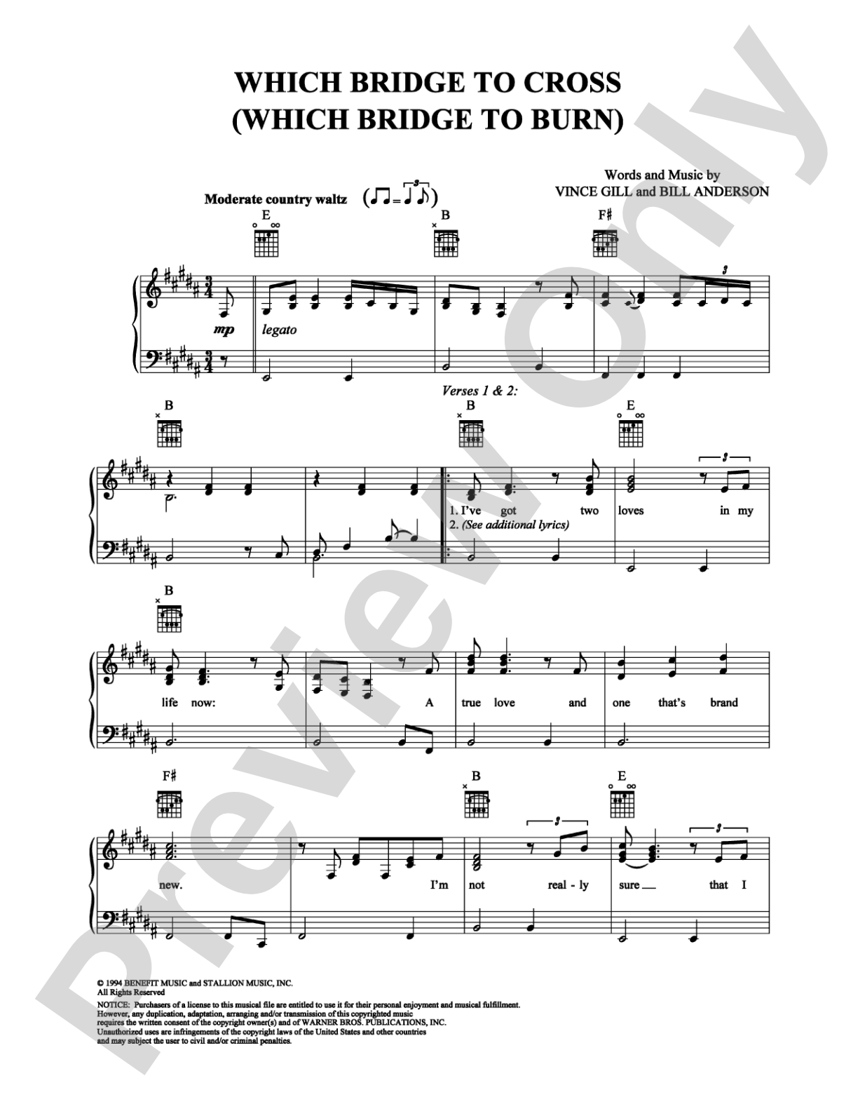 Which Bridge to Cross (Which Bridge to Burn): Piano/Vocal/Chords Digital Sheet Music