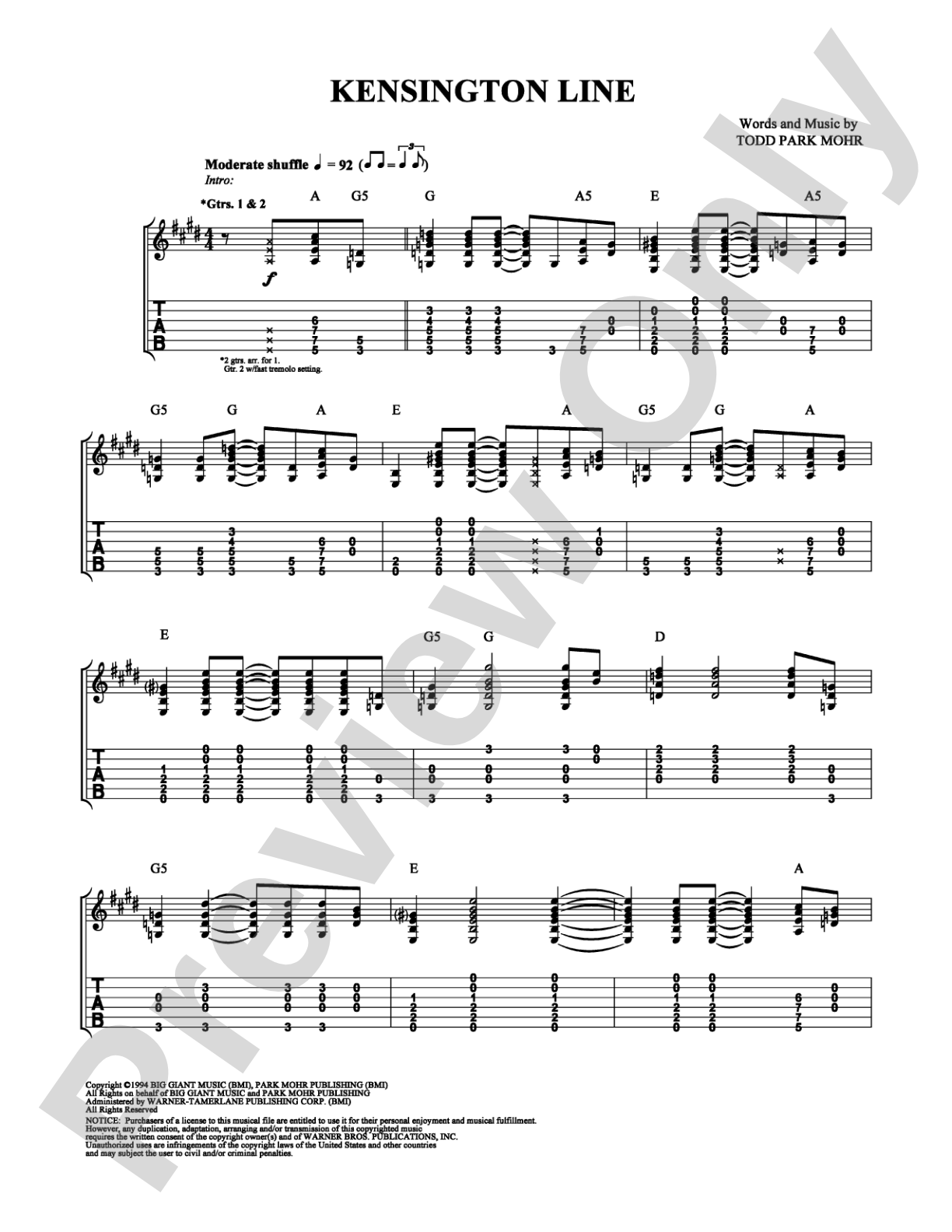 Kensington Line: Guitar TAB Digital Sheet Music