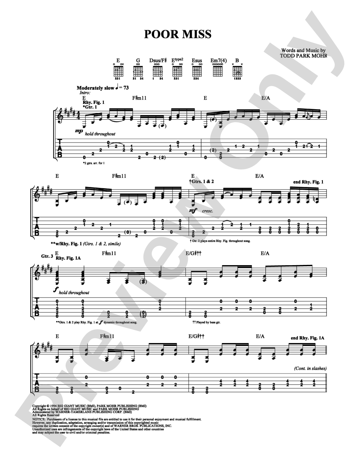 Poor Miss: Guitar TAB Digital Sheet Music