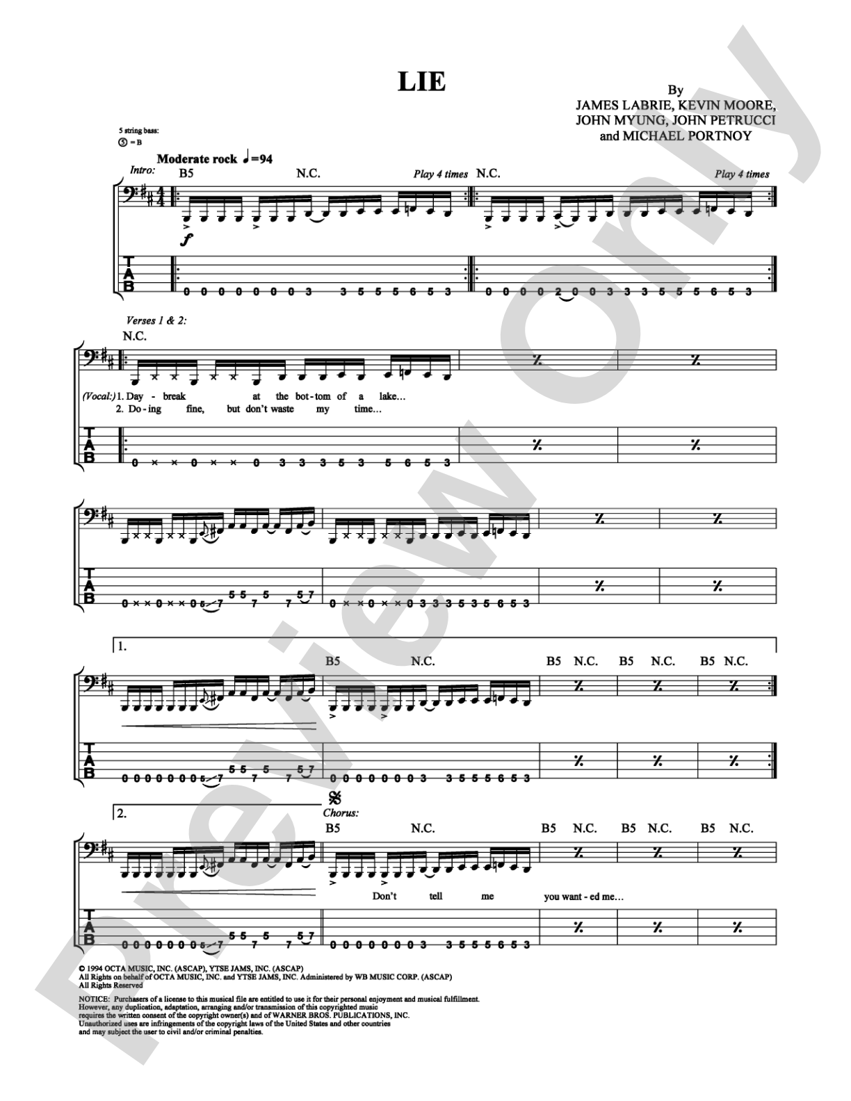 Lie: Bass TAB Digital Sheet Music
