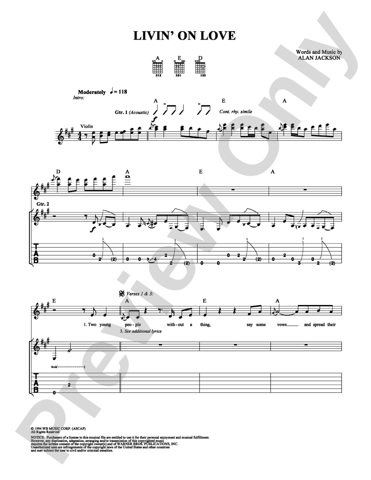 Livin' On Love: Guitar TAB Digital Sheet Music
