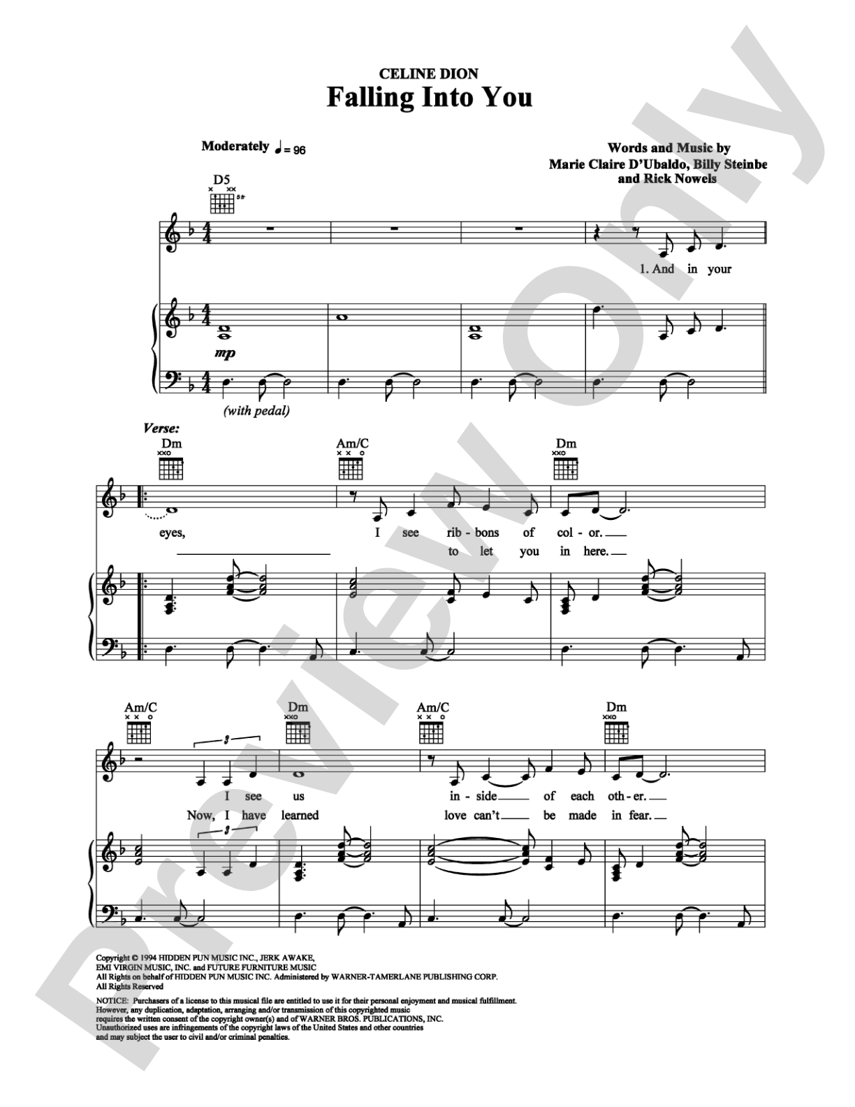 Falling Into You: Piano/Vocal/Chords Digital Sheet Music
