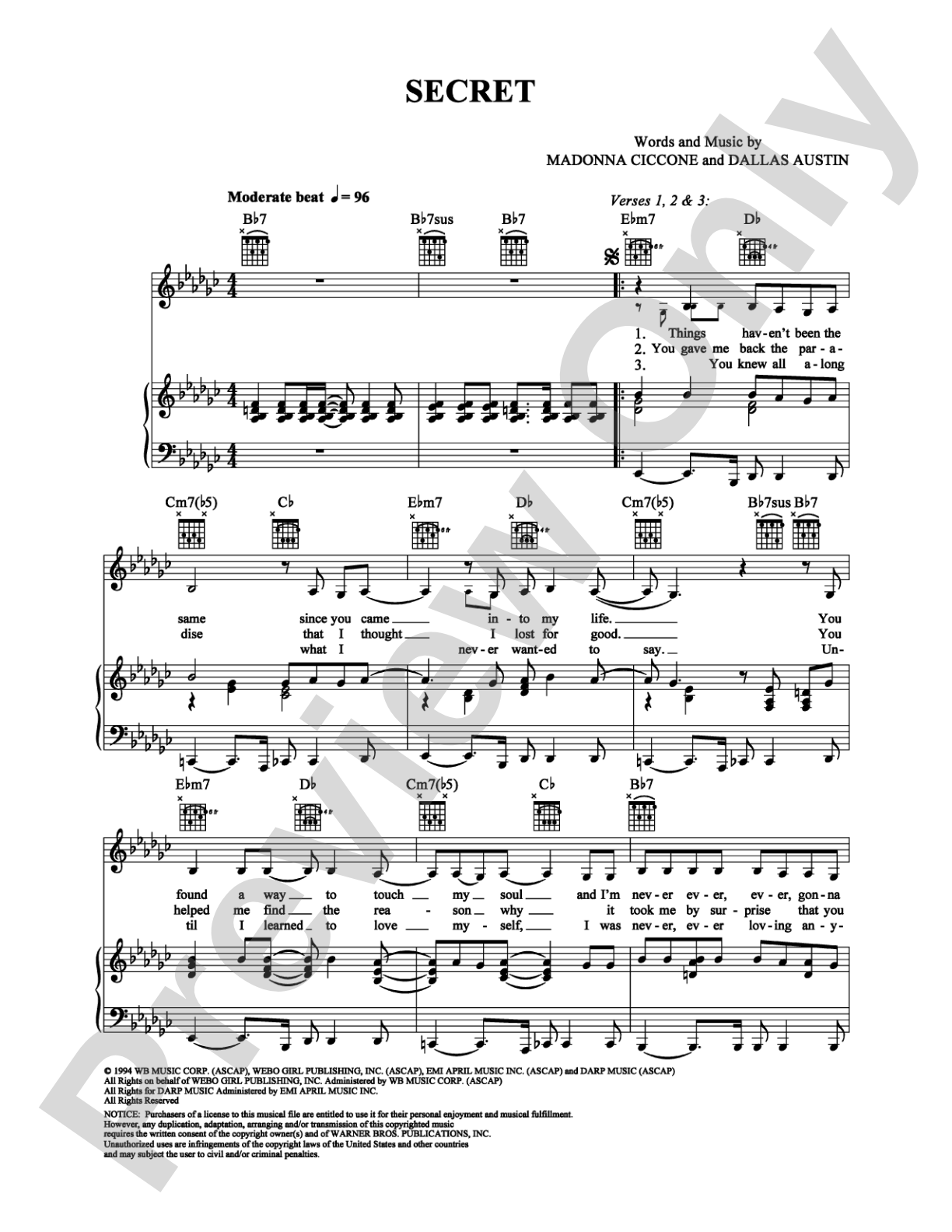 Secret: Piano/Vocal/Chords Digital Sheet Music