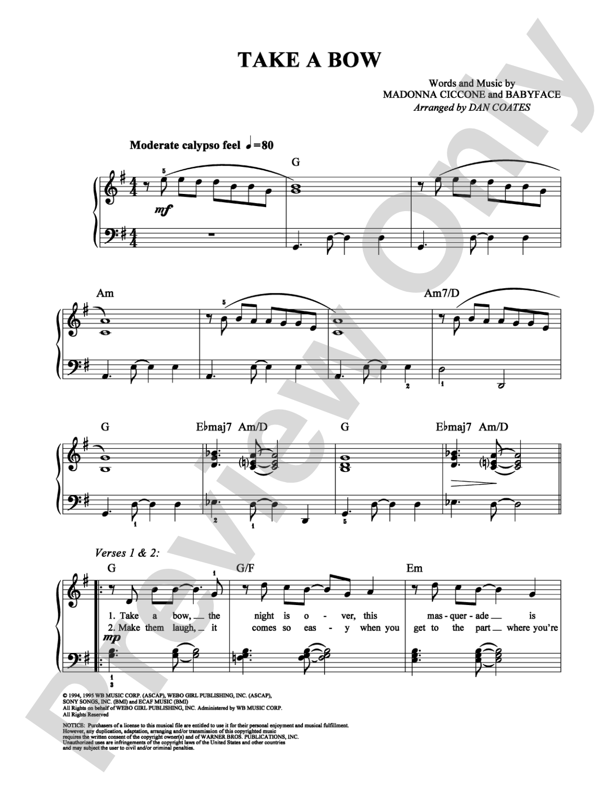 Take a Bow: Easy Piano Digital Sheet Music
