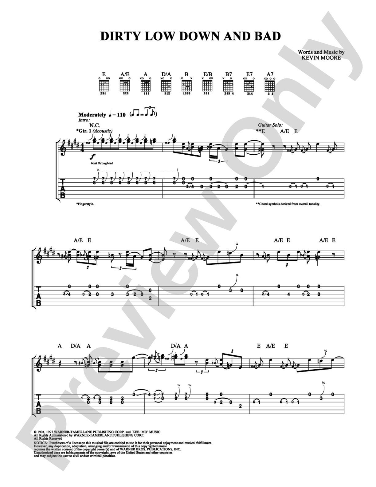 Dirty Low Down and Bad: Guitar TAB Digital Sheet Music