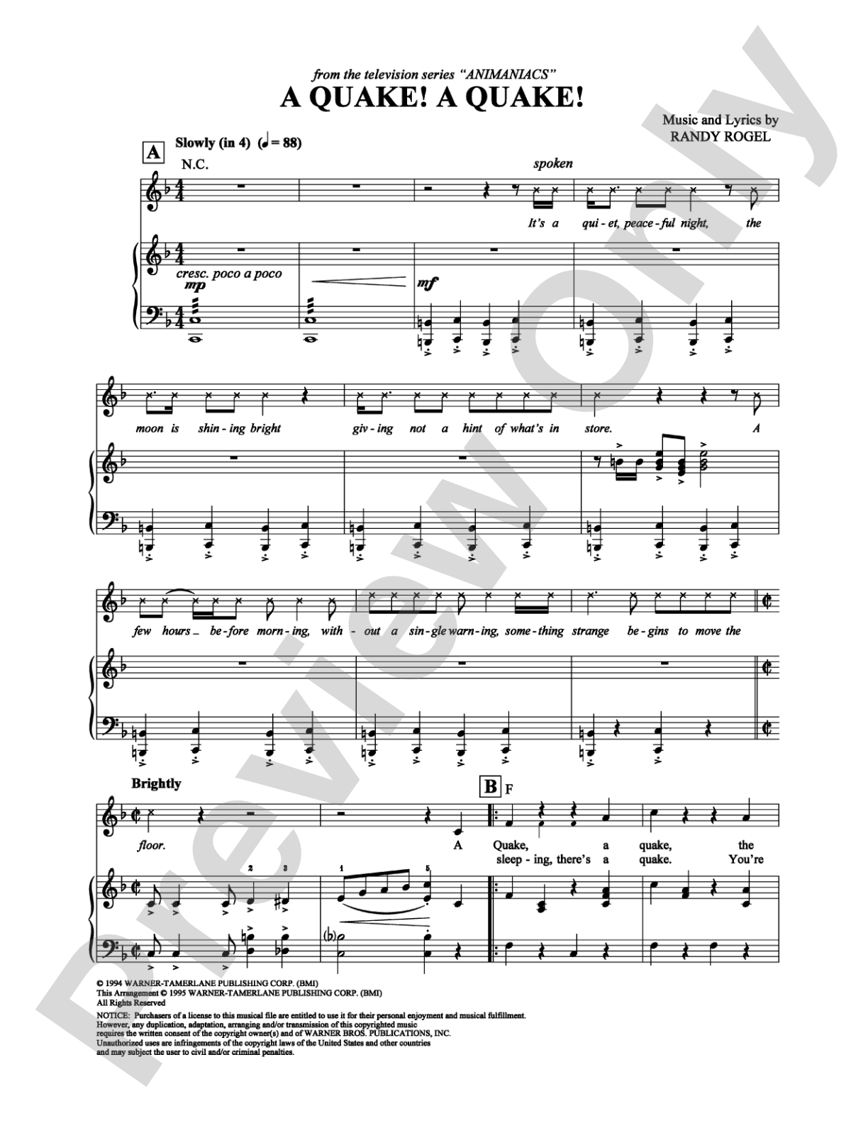 A Quake! A Quake!: Piano/Vocal/Chords Digital Sheet Music