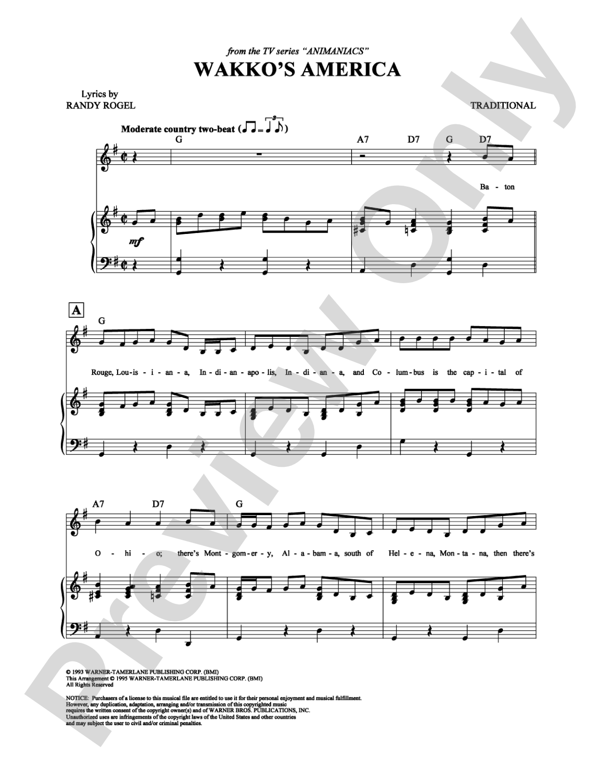 Wakko's America: Piano/Vocal/Chords Digital Sheet Music