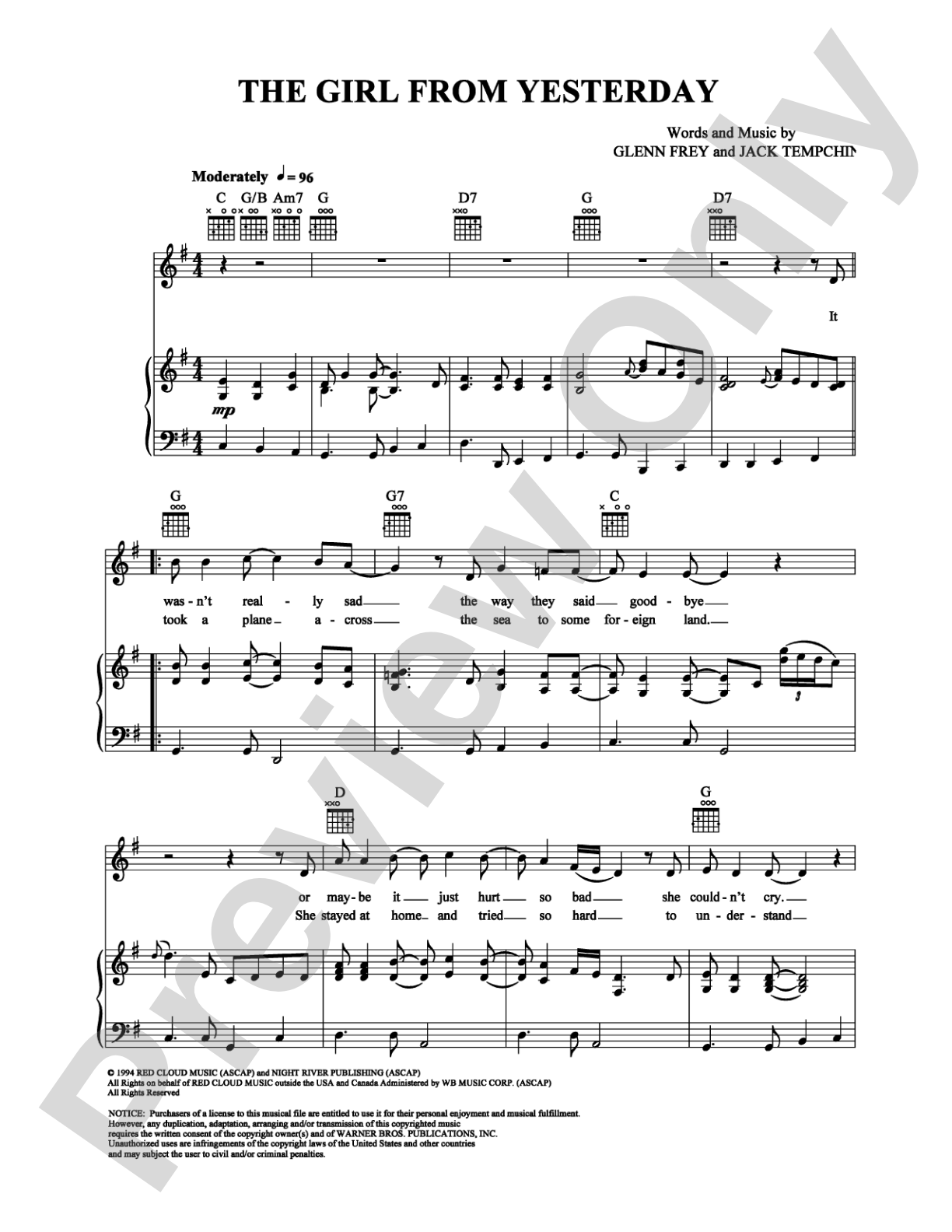 The Girl From Yesterday: Piano/Vocal/Chords Digital Sheet Music