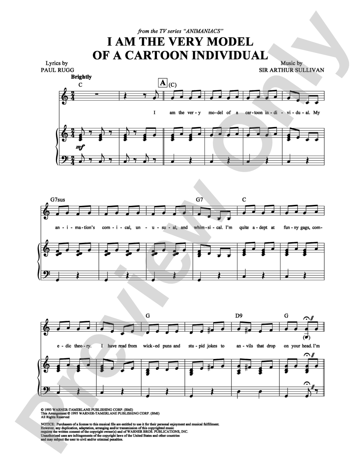 I Am The Very Model Of A Cartoon Individual: Piano/Vocal/Chords Digital Sheet Music