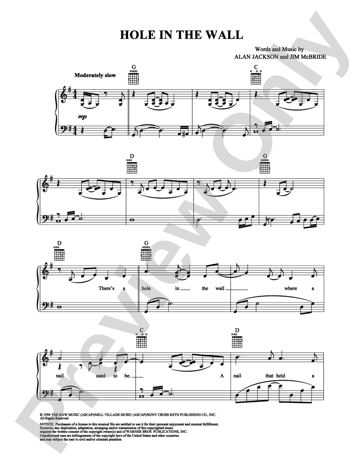 Hole in the Wall: Piano/Vocal/Chords Digital Sheet Music